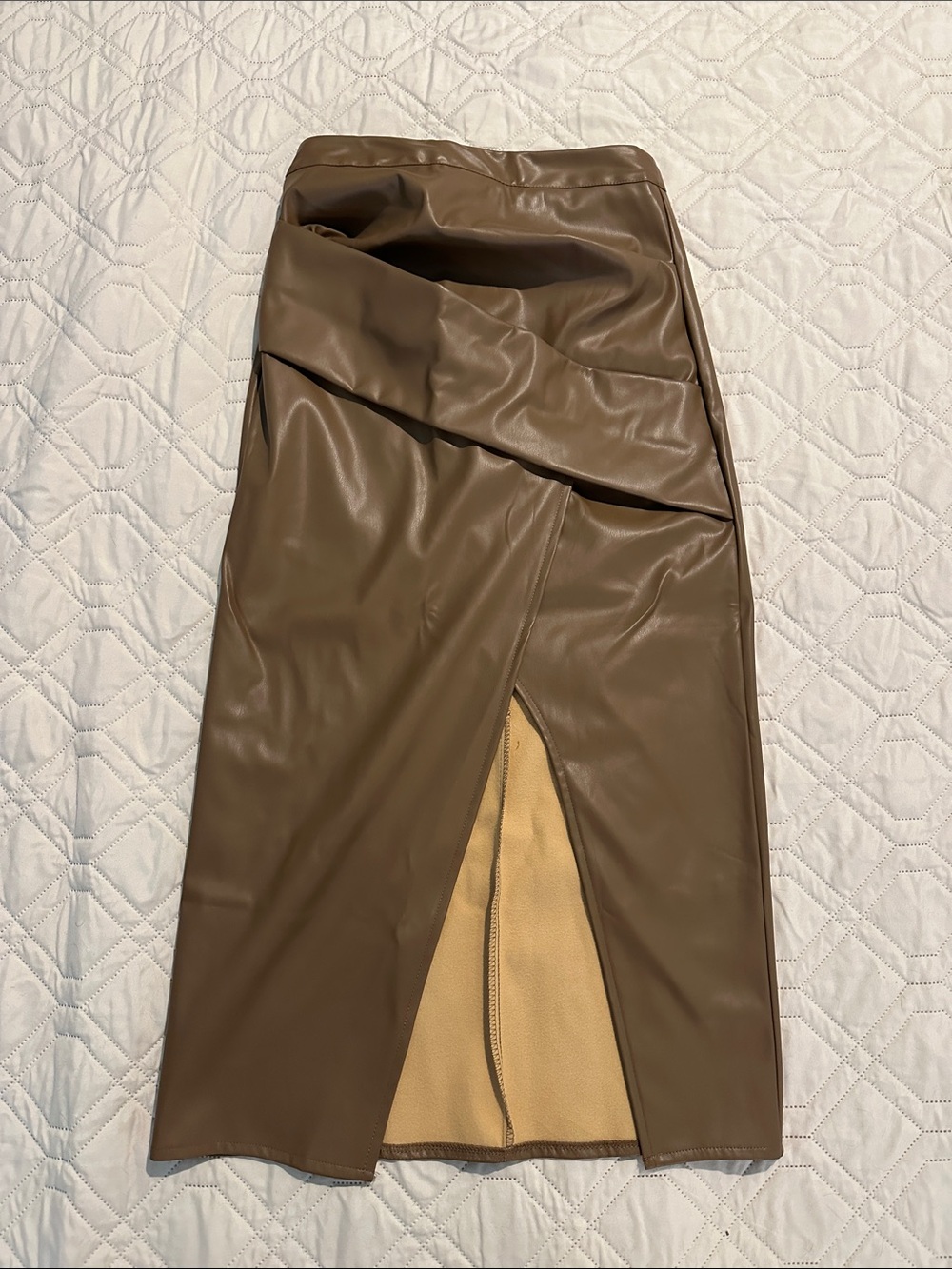 Faux Leather Brown Midi Skirt with Front Slit